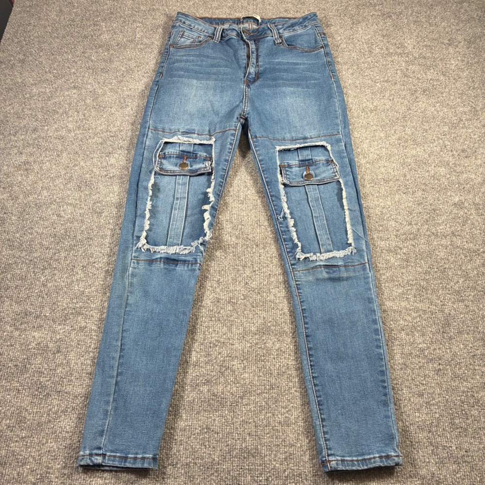 American Bazi Cargo Skinny Jeans Womens 26 M Blue Distressed Cut Out Denim